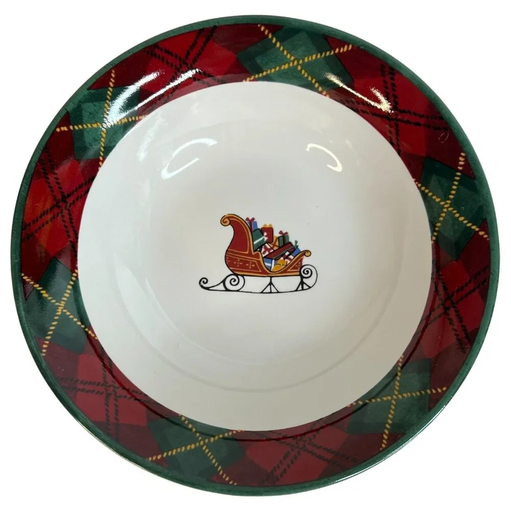 2 Block Father Christmas Soup Bowls Santa Sleigh Cereal Holiday Red Green‎ VTG